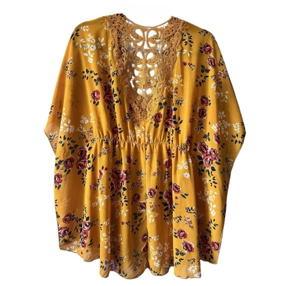 No Boundaries Golden Floral Kimono Beach Coverup Size M - Picture 3 of 4
